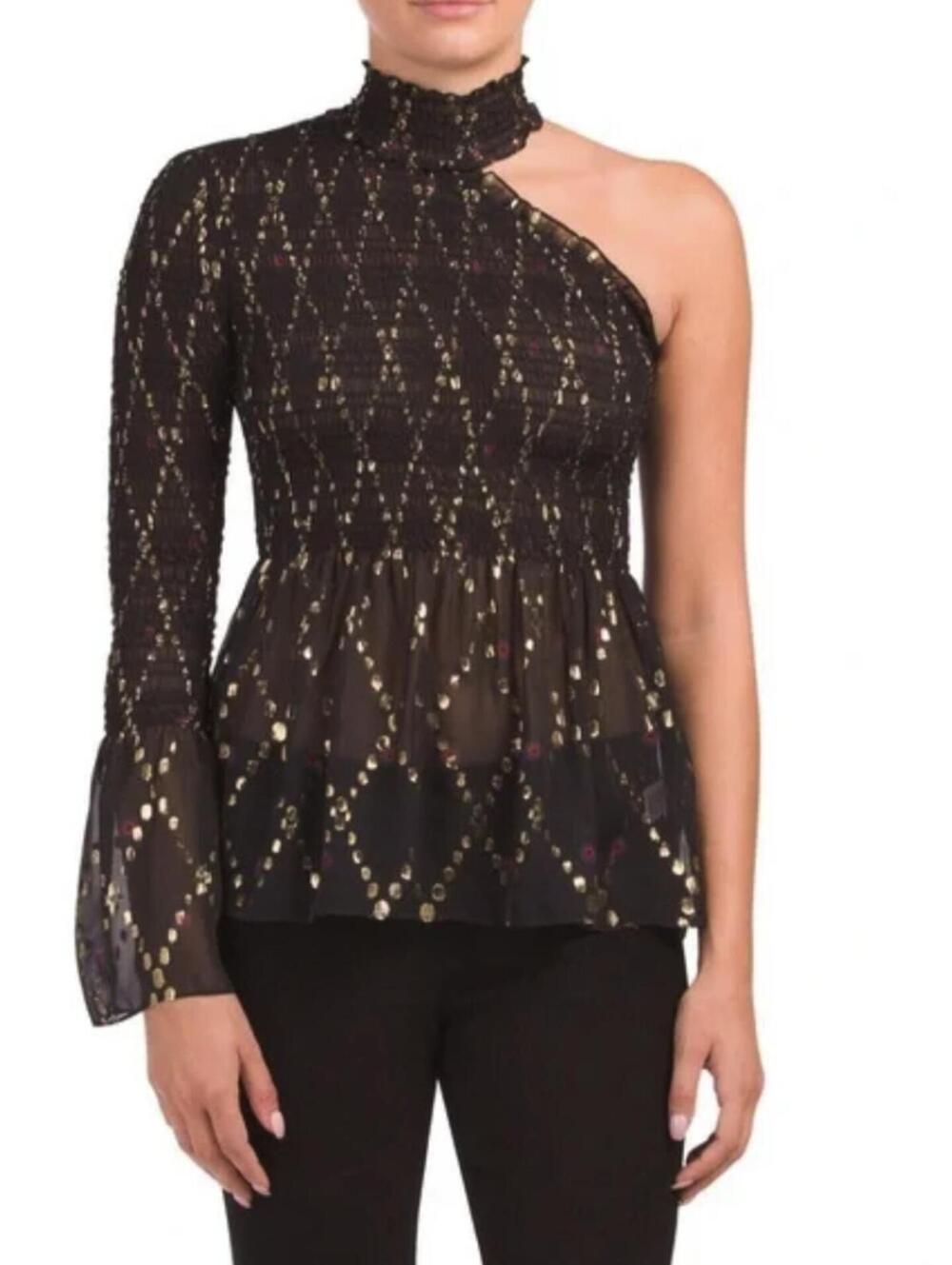 A.L.C. Black Cosette Mock Neck Silk Blend Metallic One Shoulder Top - Size - 4